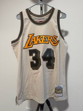 Mitchell & Ness Los Angeles Lakers #34 Cream Hardwood Classics Jersey